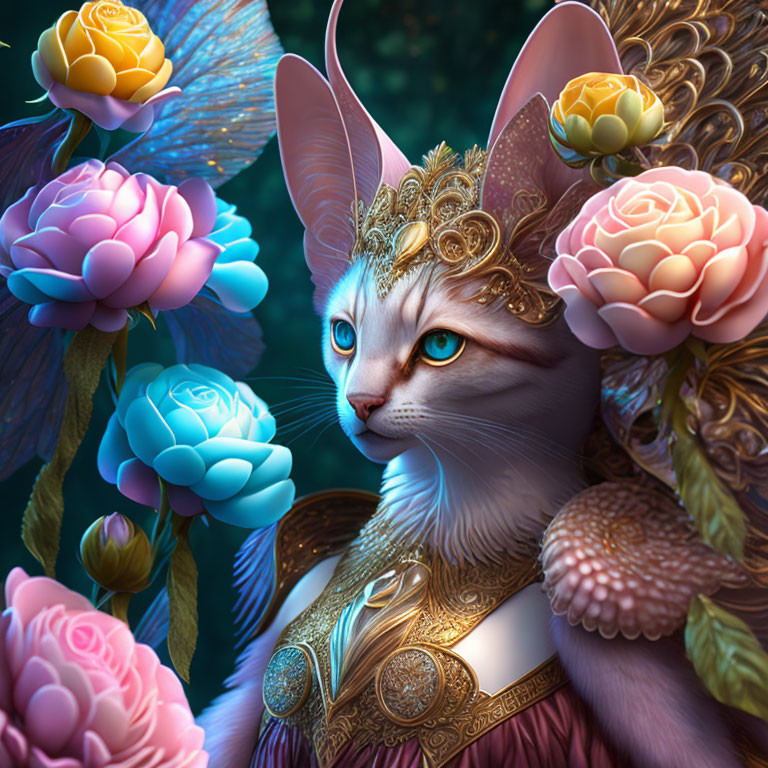 Fantasy cat illustration with blue eyes and golden adornments among vibrant flowers