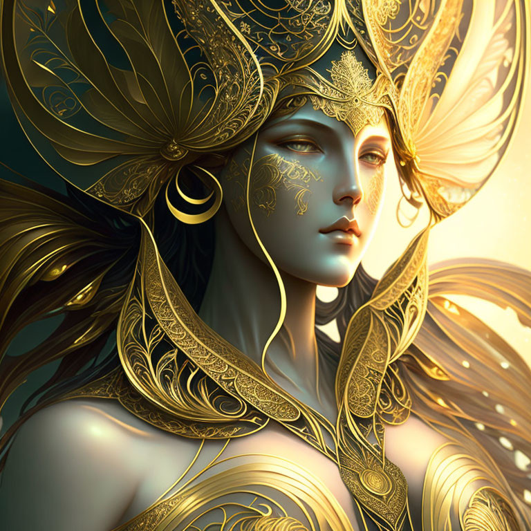 Detailed Illustration of Woman with Ornate Golden Headgear and Jewelry