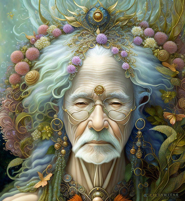 Elder with flora crown and ornate jewelry in serene setting