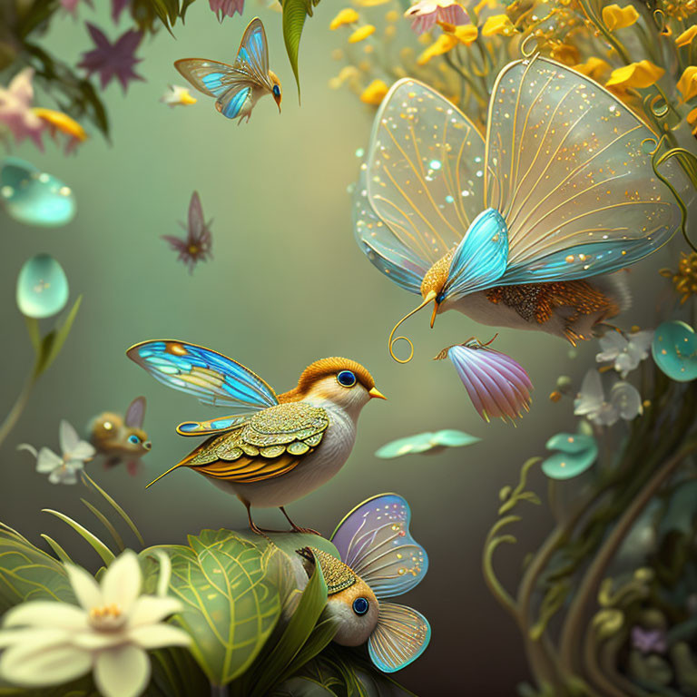 Whimsical bird with butterfly wings in floral and butterfly-filled scene