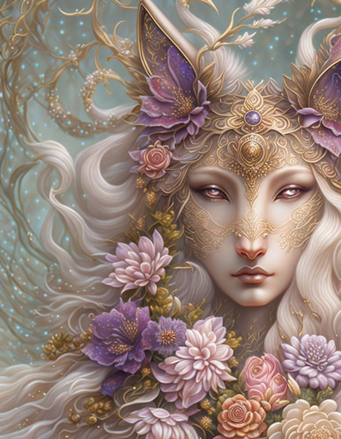 Ethereal fantasy portrait of female figure with white flowing hair and intricate gold and purple floral headpiece