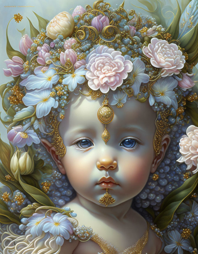 Infant illustration with floral and jeweled headpiece