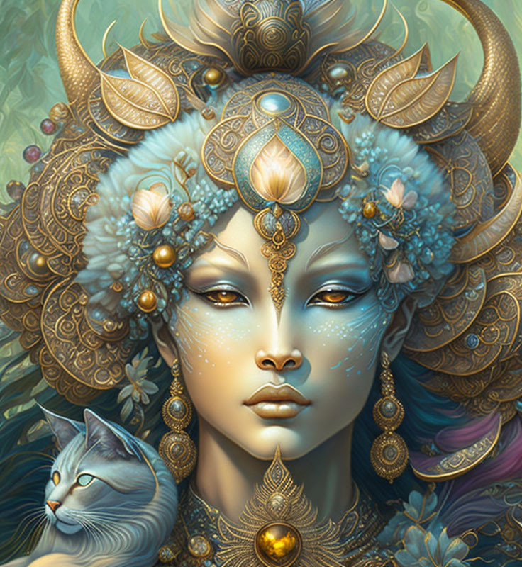 Intricate golden headdress woman with cat in fantasy setting