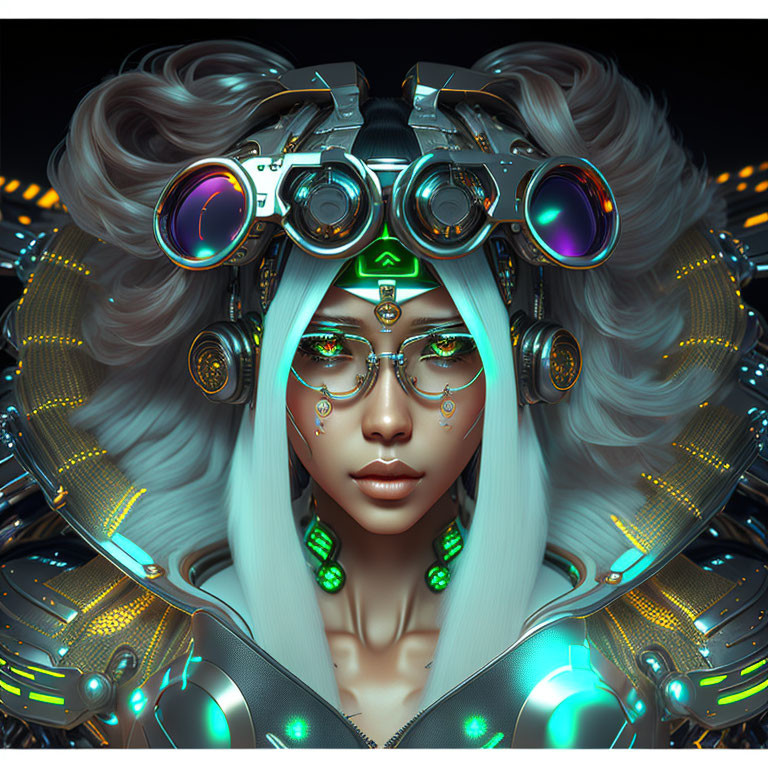 Futuristic digital artwork of silver-haired woman with high-tech goggles and cybernetic jewelry
