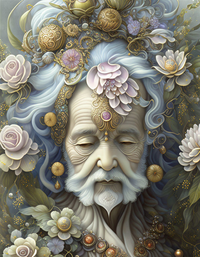 Elderly individual with serene expression and floral headdress.