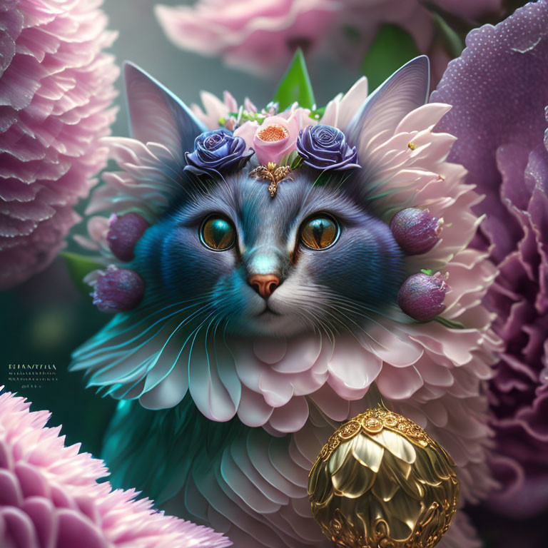 Digital Artwork: Blue-Furred Cat with Rose Adornments