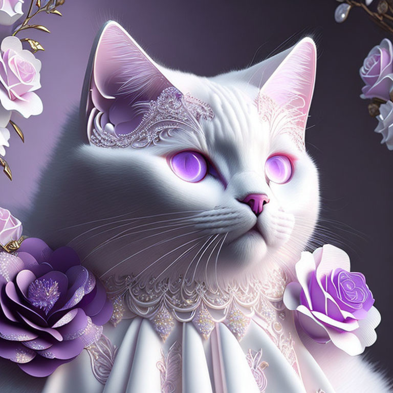 Stylized white cat digital art with purple eyes and lace, surrounded by purple flowers