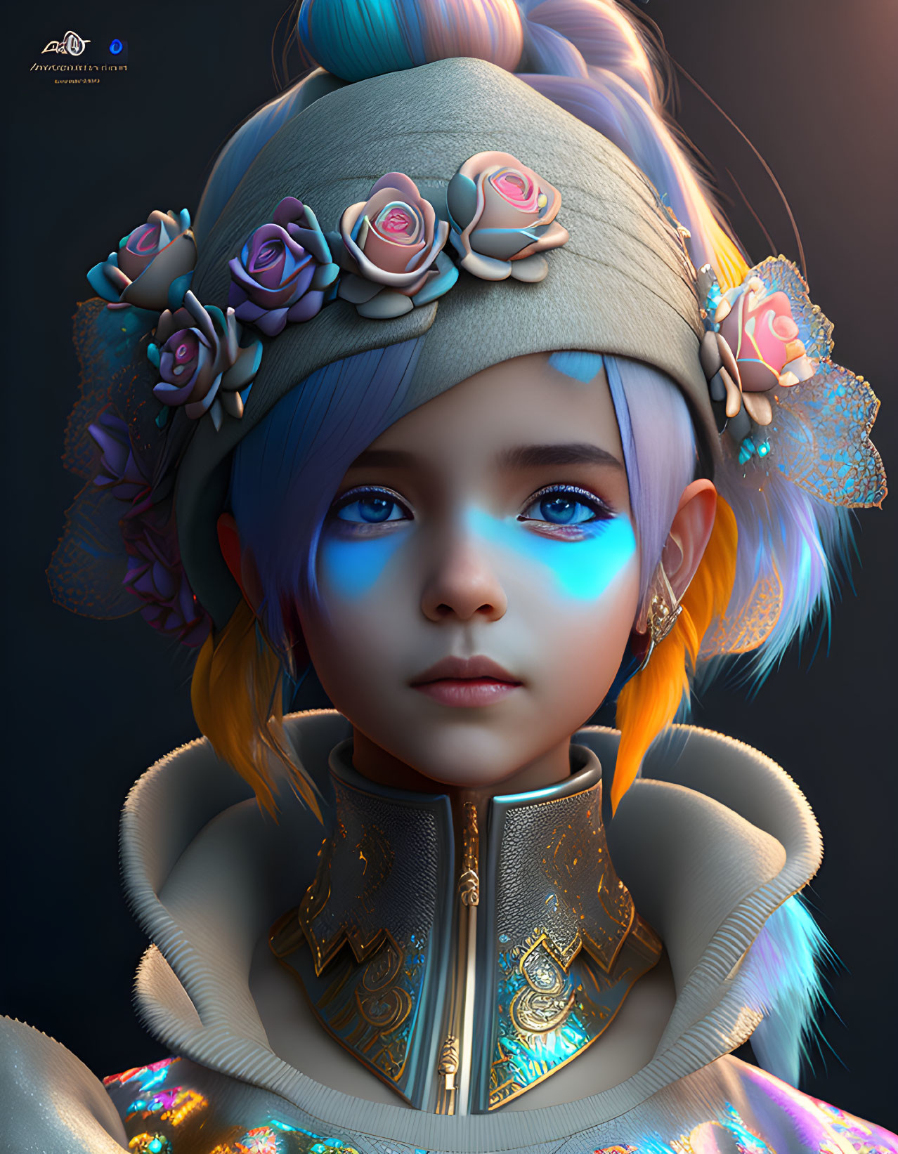Digital portrait of girl with blue eyes, purple hair, floral headband, and golden armor