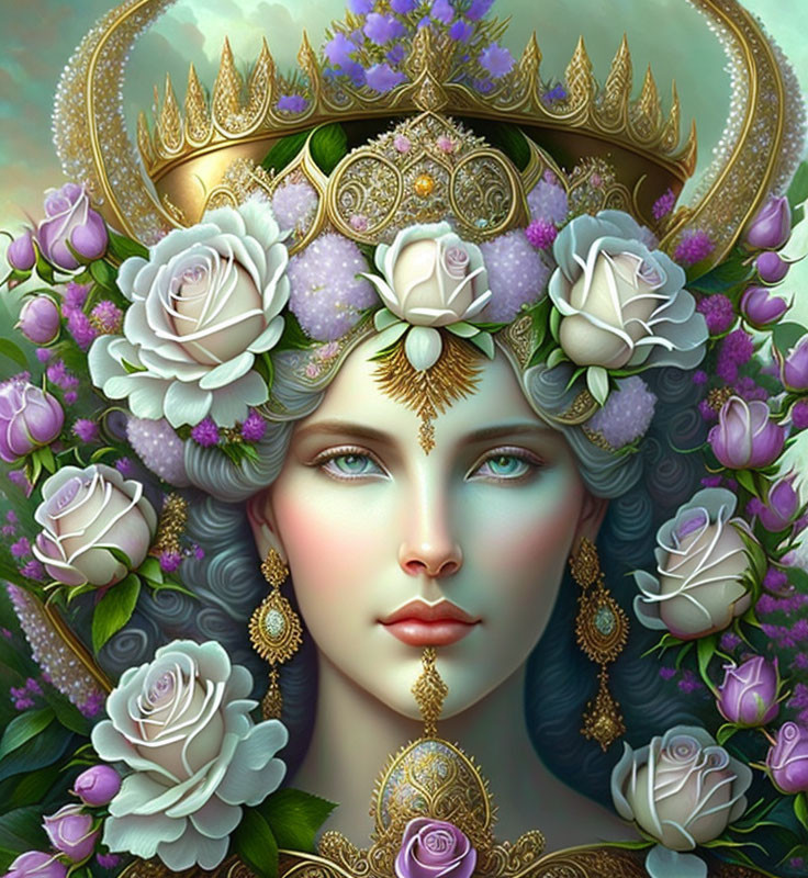 Portrait of woman with golden crown and white roses, exuding serenity and mysticism