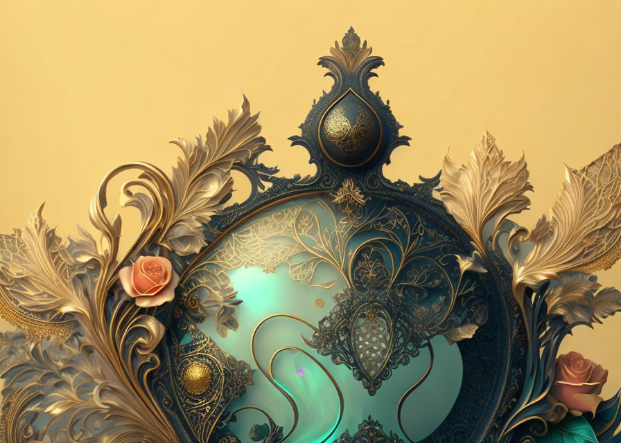 Baroque-style mirror frame with gold floral decorations and peacock motif.