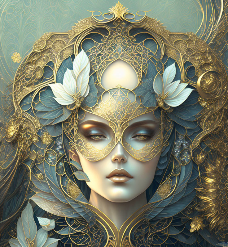 Illustrated woman in ornate golden mask and headdress on blue background