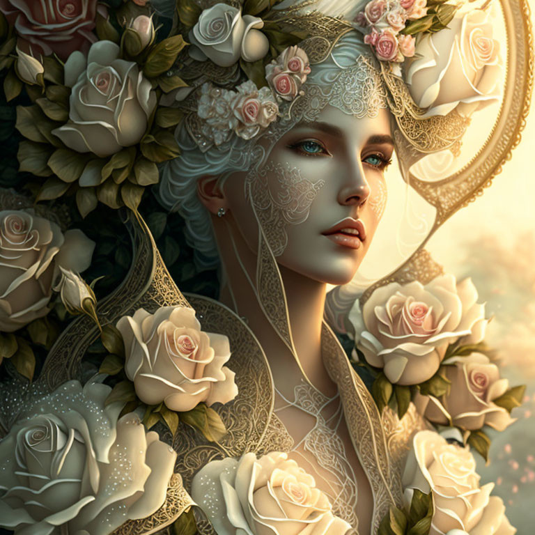 Digital artwork featuring woman with floral crown and lace details among cream roses