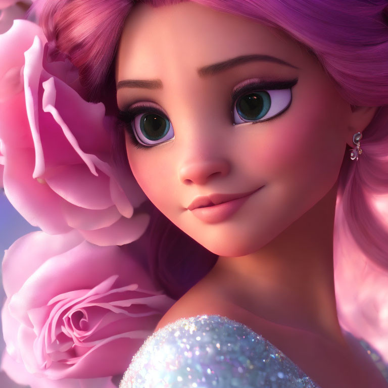 Purple-haired animated character with green eyes and earring among pink roses