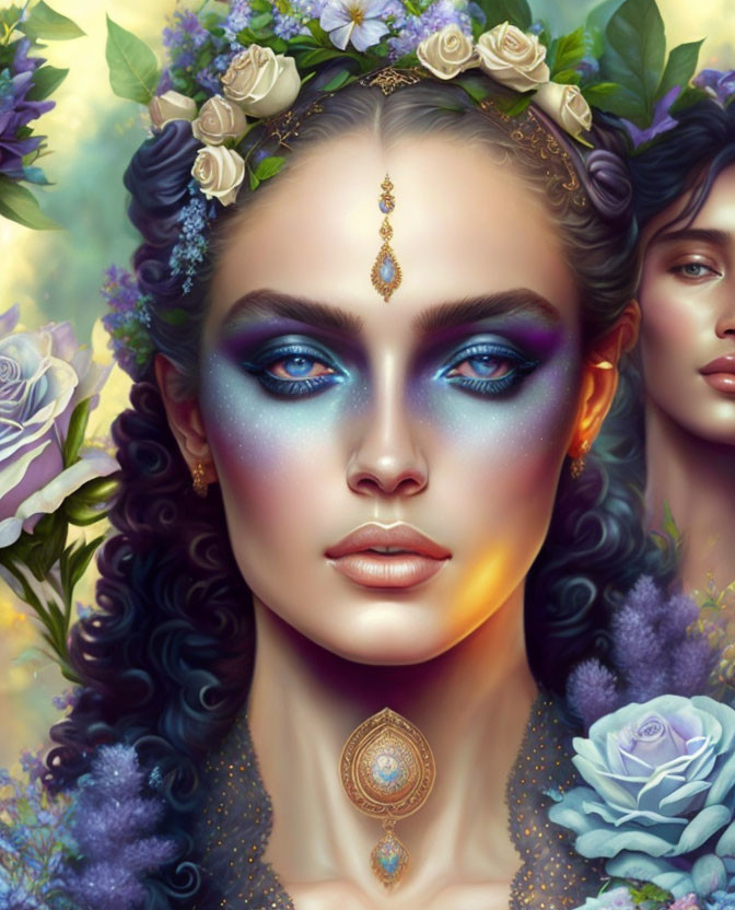 Ethereal woman with blue makeup, floral headpiece, and ornate jewelry