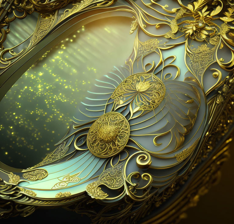 Intricate golden mirror with floral designs and magical glow