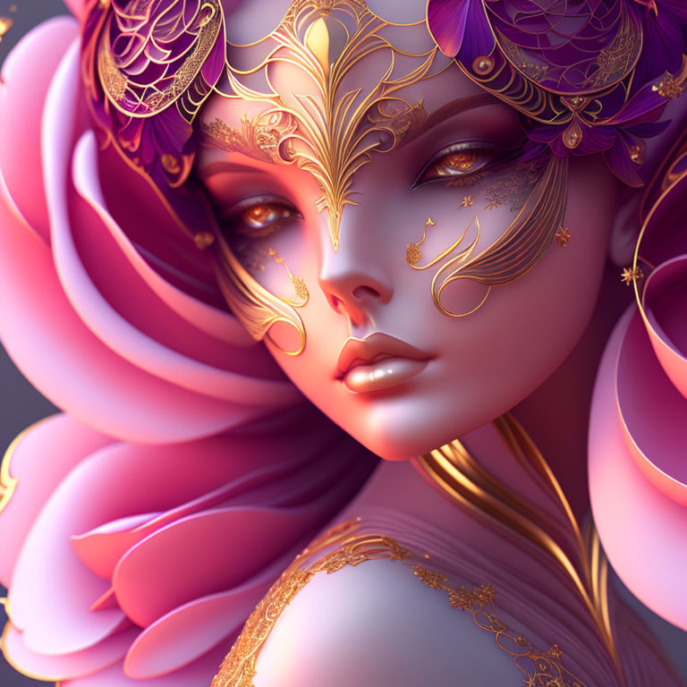 Fantasy-themed female character with golden headpiece and rose motifs
