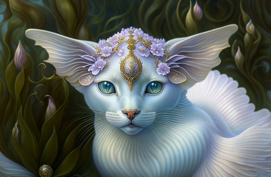 Blue Feline Creature with Wings and Floral Crown in Fantasy Illustration