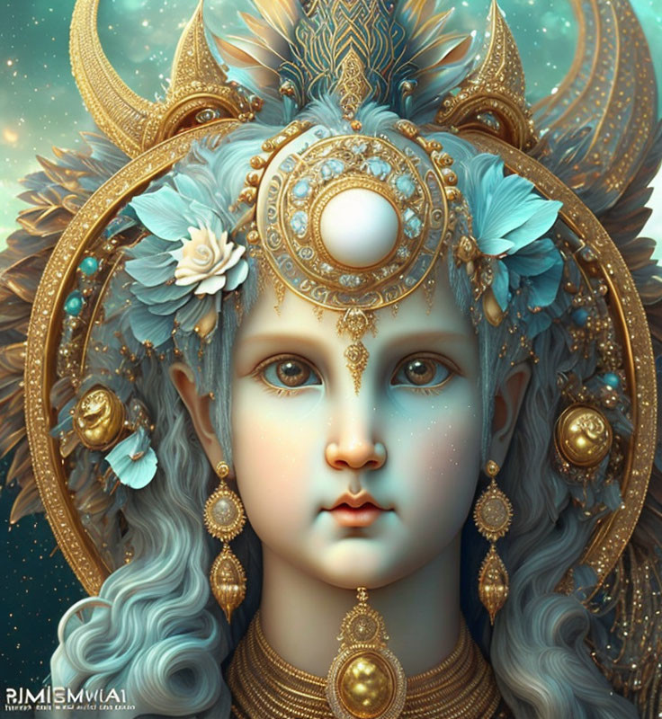 Digital illustration of mythological figure with blue skin and ornate golden headgear.