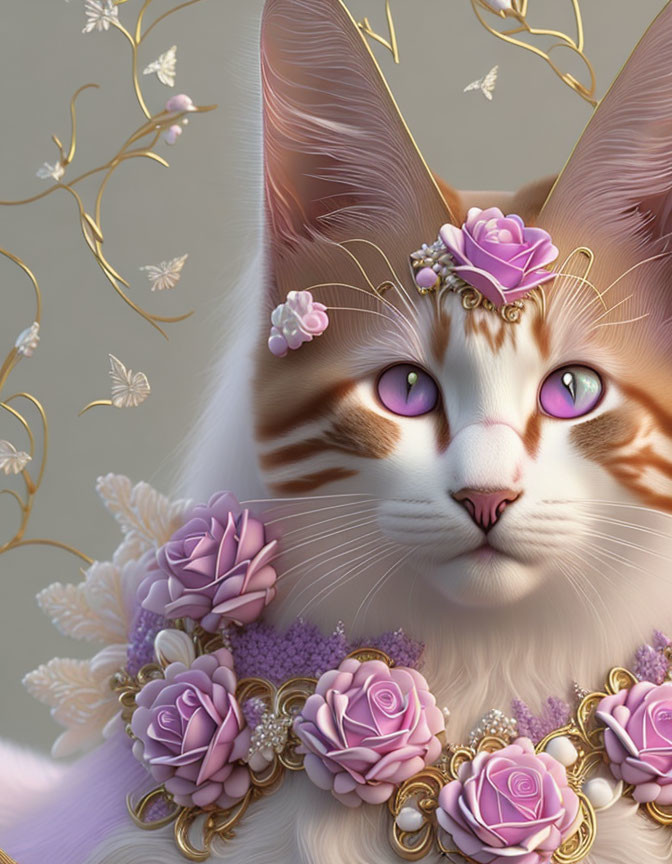 Illustrated Cat with Purple Eyes and Floral Accessories