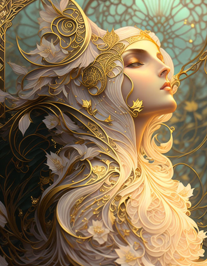 Golden-armored figure in serene pose with botanical backdrop
