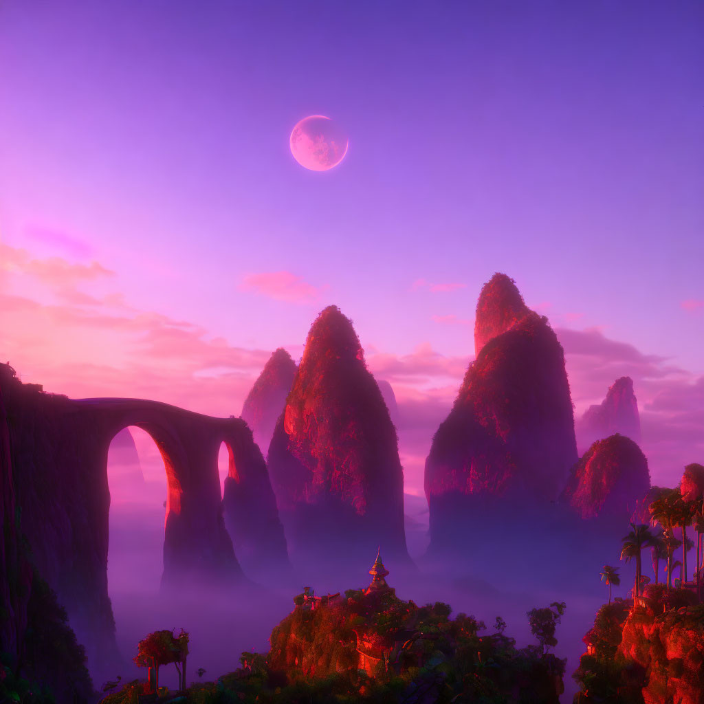 Fantasy landscape with towering rock formations, arching bridge, pagoda, vibrant flora, purple sky