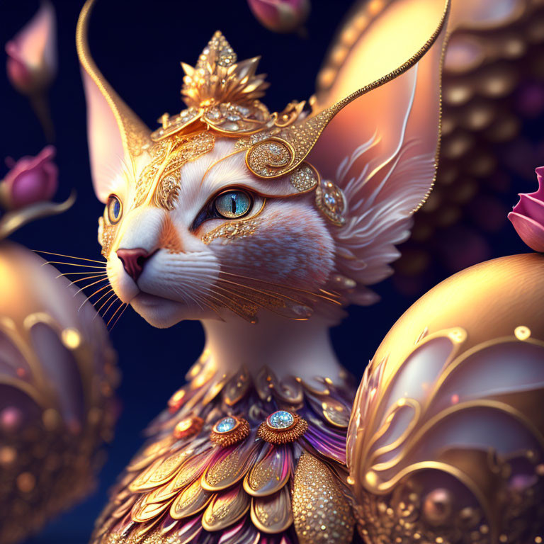 Ornate Cat in Golden Armor Surrounded by Purple Flowers