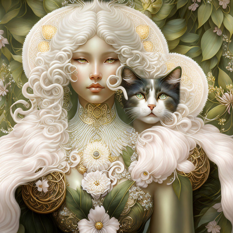 Ethereal woman with white curls and cat in lush greenery