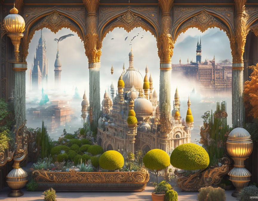 Ornate cityscape with domes and archway view