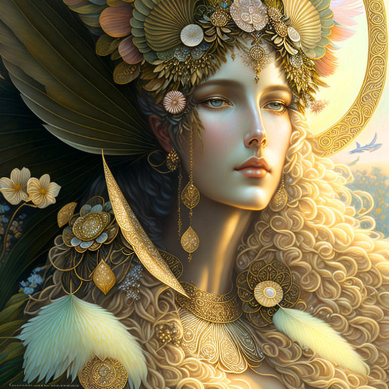 Digital Artwork: Woman with Golden Jewelry and Floral Headdress