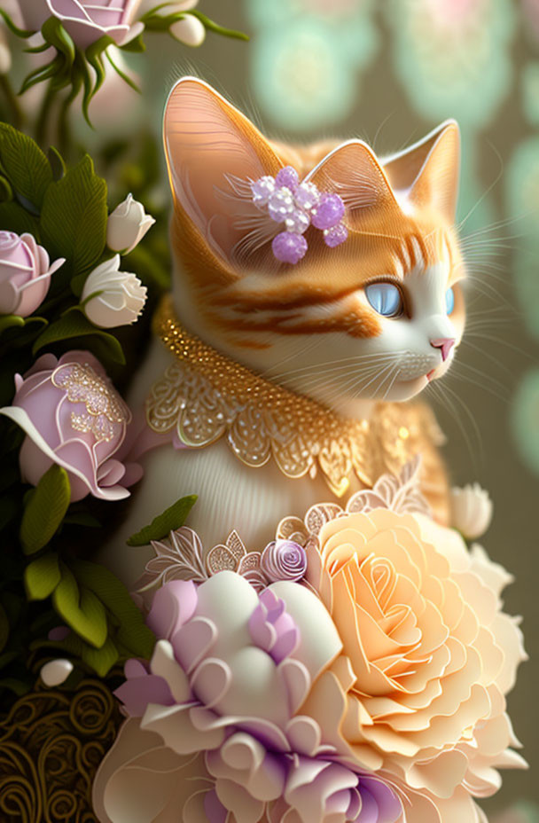 Whimsical cat illustration with floral accessories and jewelry on soft-focus floral background