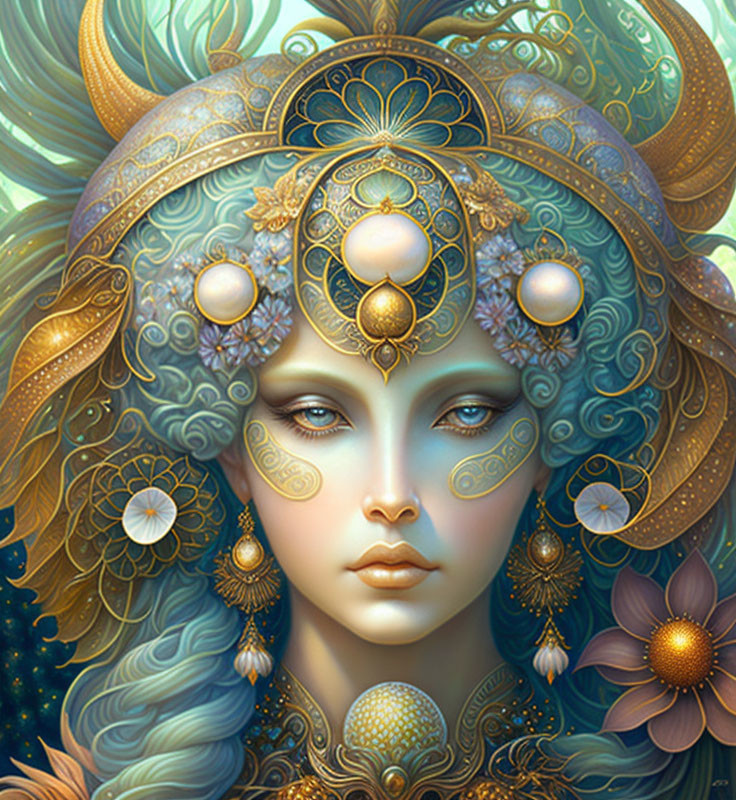 Detailed Illustration: Woman with Gold and Blue Headpiece, Jewelry, and Mystical Tattoos surrounded