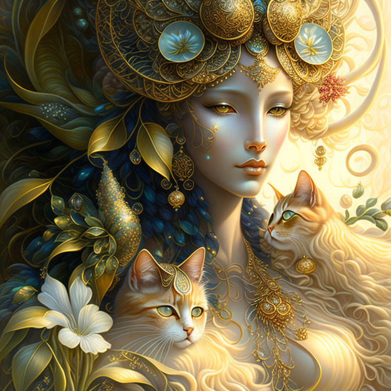 Detailed illustration of woman with golden headwear and cats surrounded by floral and peacock feathers.