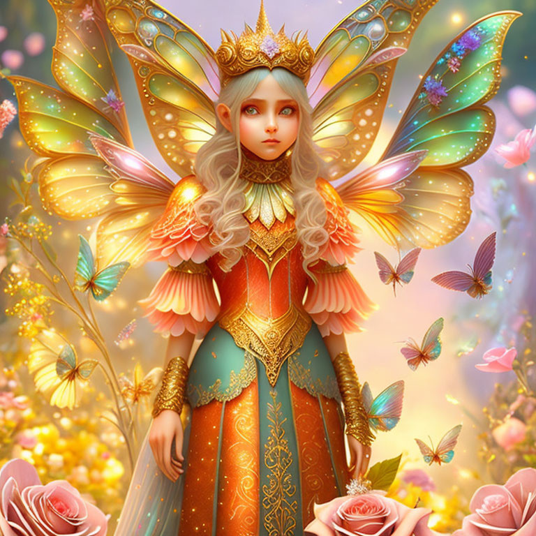 Regal female fairy with butterfly wings in rose garden