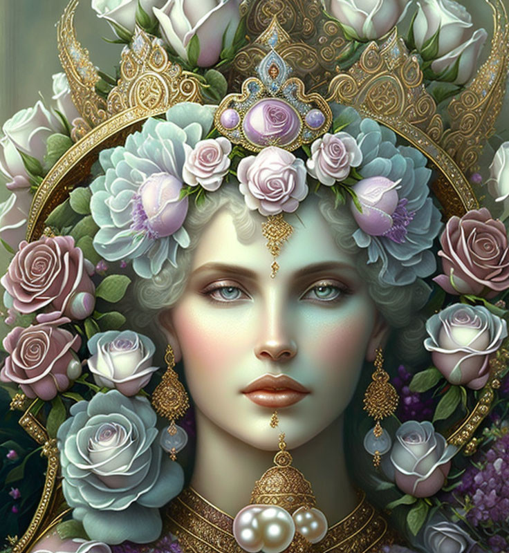 Digital artwork: Woman with floral and jeweled crown, roses, gold adornments, serene expression