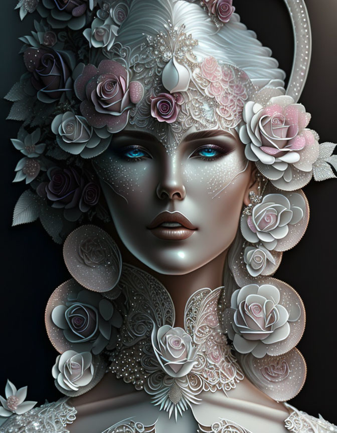 Illustration of woman with floral headdress and unicorn horn in fantasy theme