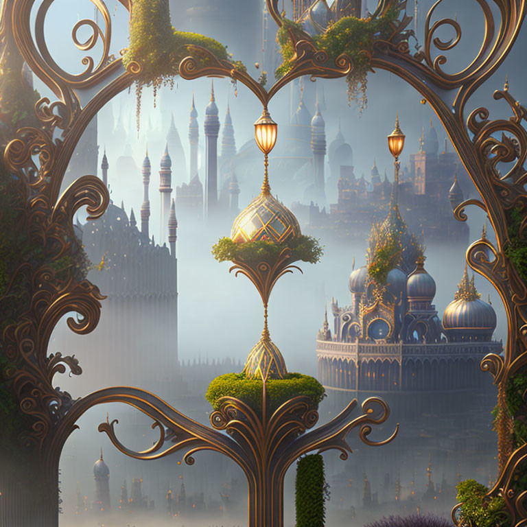 Ornate gate leading to mystical city with domed buildings in foggy forest landscape