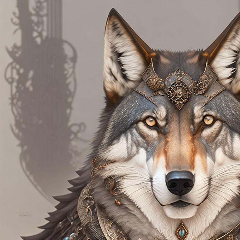 Steampunk-inspired wolf digital art with intense eyes and ornate headgear