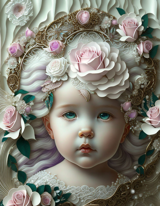 Surreal portrait of baby with blue eyes, white hair, roses, pearls, and gold accents
