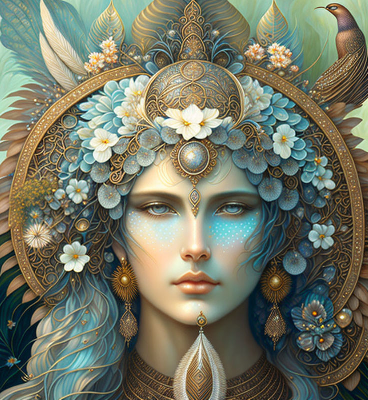Detailed illustration of woman with blue floral headdress and bird, exuding serenity