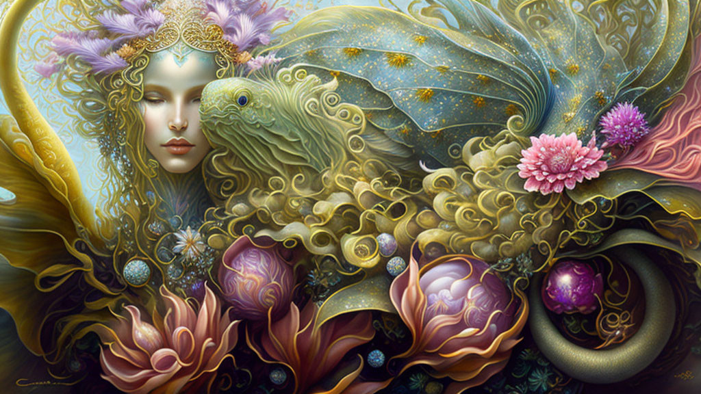 Ethereal woman in fantasy artwork with gold jewelry and surreal floral elements