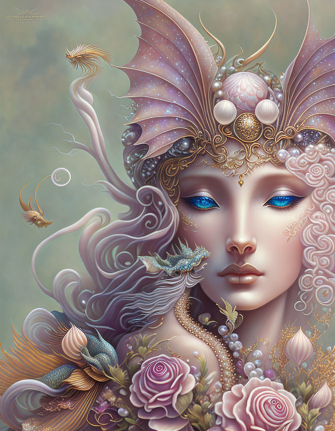 Fantasy illustration of female figure with blue eyes, pearl headdress, seashell adornments,