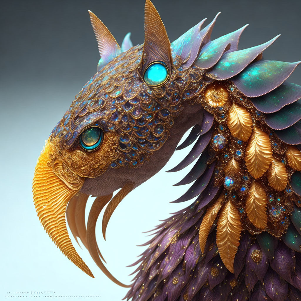 Detailed digital artwork of dragon head with gold and purple scales.