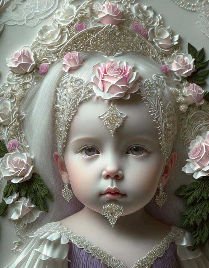 Hyperrealistic Child Portrait with Elaborate Hair Decorations