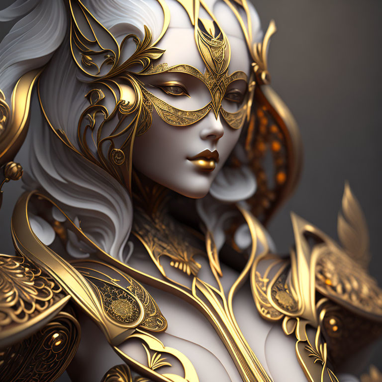 Elegant Fantasy Female Character with White Hair and Golden Armor