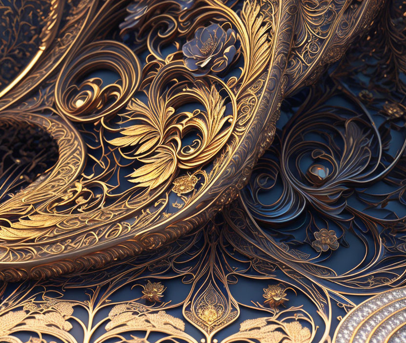 Detailed Golden Floral Patterns on Metallic Blue Background: Baroque-Style Design