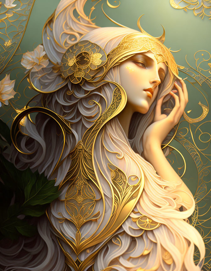 Fantasy art: Woman with golden floral headgear in intricate design.