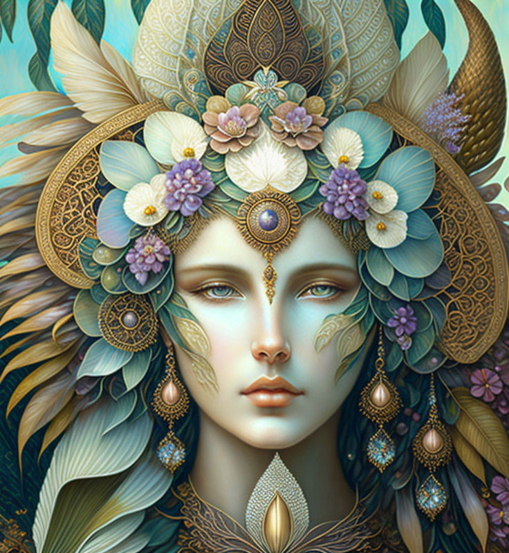 Fantastical portrait of female figure with elaborate floral headdress