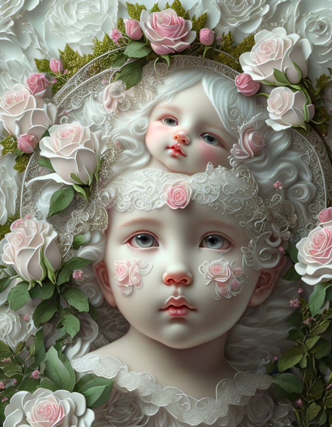 Porcelain faces with lace and pink roses on creamy backdrop