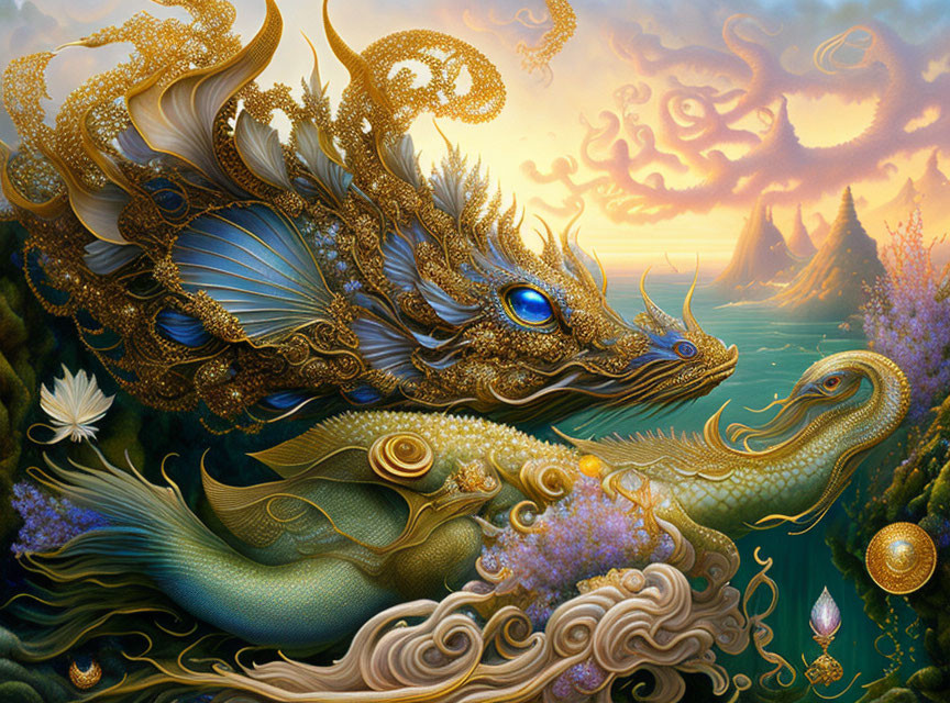 Golden dragon painting above serene sea with mystical mountains and cloudy sky