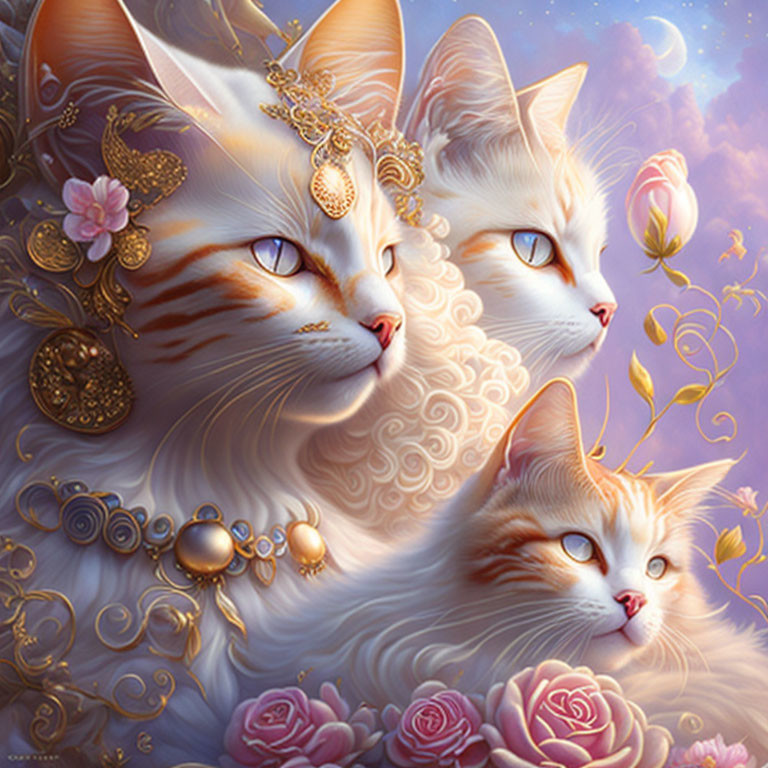 Ornate stylized cats with golden jewelry in rose and twilight setting